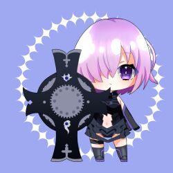  armor armored_dress black_footwear black_gloves black_leotard chibi chibi_only clothing_cutout elbow_gloves expressionless fate/grand_order fate_(series) female full_body gloves hair_over_one_eye highres leotard looking_at_viewer lord_camelot_(fate) mash_kyrielight navel navel_cutout pink_hair purple_background purple_eyes rain_poetry shield short_hair solo standing 