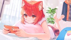  animal_ear_fluff animal_ears ayame_(3103942) barefoot blue_shorts blush cellphone curtains ear_piercing earrings eyelashes feet feet_up female full_body holding holding_phone indoors jacket jewelry lying medium_hair nijisanji on_stomach orange_eyes orange_hair phone piercing pillow plant ratna_petit red_panda_ears red_panda_girl red_panda_tail shirt short_shorts shorts sidelocks smartphone smile soles solo striped_tail stuffed_animal stuffed_penguin stuffed_toy tail the_pose toes unworn_jacket virtual_youtuber white_shirt 