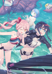  1boy 4girls absurdres bare_shoulders bikini black_hair black_jacket blonde_hair blue_eyes blue_hair blush breasts chibi collarbone daisi_gi dinosaur fate/requiem fate_(series) green_eyes grey_bikini grey_shorts hair_ornament hair_ribbon hairband hat highres hood hooded_jacket horns jacket karin_(fate) kijo_kouyou_(fate) koharu_f_riedenflaus long_hair long_sleeves looking_at_viewer looking_back medium_breasts medium_hair multicolored_hair multiple_girls navel one_eye_closed open_clothes open_jacket open_mouth pink_hair rainbow_bikini ribbon shore short_hair short_shorts shorts sidelocks small_breasts smile streaked_hair surfboard swimsuit tail thighs tyrannosaurus_rex utsumi_erice utsumi_erice_(swimsuit_avenger) utsumi_erice_(swimsuit_avenger)_(third_ascension) v very_long_hair voyager_(fate) white_bikini white_headwear windsurfing 