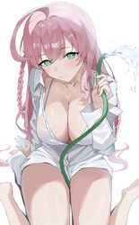  absurdres ahoge bikini bikini_under_clothes blue_archive blush braid breasts cleavage closed_mouth collarbone commentary female green_eyes hanako_(blue_archive) hanako_(swimsuit)_(blue_archive) higashiwun_izumi highres holding holding_hose hose large_breasts long_sleeves looking_at_viewer official_alternate_costume red_bikini see-through see-through_shirt shirt simple_background single_braid sitting solo swimsuit thighs water wet wet_clothes wet_hair wet_shirt white_background white_shirt 