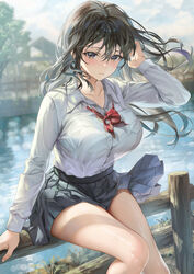  black_hair black_skirt blush bow bowtie breasts brown_eyes closed_mouth collarbone collared_shirt commentary_request female hand_in_own_hair hand_up highres large_breasts long_sleeves looking_at_viewer original outdoors pleated_skirt red_bow red_bowtie sage_joh shirt shirt_tucked_in sitting skirt solo thighs white_shirt 