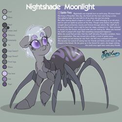  1:1 4_eyes 8_legs arachnid arachnid_taur arthropod arthropod_taur dialogue english_text fangs female flat_colors fluffyxai grey_hair hair hasbro hi_res hybrid looking_up model_sheet multi_eye my_little_pony purple_eyes solo spider spider_taur spiderpony taur teeth text 