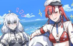  2girls ahoge black_choker black_one-piece_swimsuit blue_hair bra braid breasts choker colored_inner_hair detached_sleeves earrings grey_eyes grey_hair grey_sleeves hair_between_eyes hair_ornament hairclip jewelry kuhou_(yoboyobo) long_hair multicolored_hair multiple_girls no.21&#039;s_buddy_(punishing:_gray_raven) no.21:_xxi_(solar_frost)_(punishing:_gray_raven) no.21_(punishing:_gray_raven) one-piece_swimsuit pale_skin punishing:_gray_raven red_bra red_eyes red_hair sidelocks swimsuit twintails underwear vera:_garnet_(wavebender)_(punishing:_gray_raven) vera_(punishing:_gray_raven) 