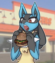  absurd_res ambiguous_gender anthro arm_markings arm_tuft black_hair black_markings black_outline blue_body blue_fur blurred_background burger cheese chest_spike chest_tuft dairy_products digital_media_(artwork) draw_over dripping eating elbow_tuft facial_markings food fur fur_markings generation_4_pokemon gloves_(marking) hair half-length_portrait hamburger_bun hamburger_patty hand_spike head_markings hi_res holding_food holding_object hooters lettuce looking_at_food looking_at_object looking_down loppifi lucario markings multicolored_body nintendo open_mouth outer_highlight outline plant pokemon pokemon_(species) portrait red_eyes solo spikes spikes_(anatomy) teeth tongue tuft vegetable white_outline yellow_body yellow_fur 