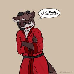  1:1 2019 anthro black_nose blue_eyes brown_body brown_fur brown_tail clothed clothing crossed_arms dialogue digital_media_(artwork) edward_alrik_of_ravenwood english_text eyebrows fully_clothed fur hi_res horn katai male mammal open_mouth procyonid raccoon red_clothing robe simple_background solo speech_bubble tail text 