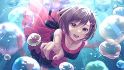  :d air_bubble barefoot brown_eyes brown_hair bubble collarbone commentary dress female foreshortening freediving hair_ornament kirita_asami looking_at_viewer meiko_(vocaloid) open_mouth outstretched_arm pointing pointing_at_viewer red_dress short_hair sleeveless smile solo sparkle submerged swimming underwater vocaloid 