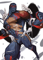  1boy absurdres bara blue_bodysuit bodysuit clenched_hands covered_abs covered_nipples dark-skinned_male dark_skin groping highres large_pectorals male_focus marvel mask miguel_o&#039;hara muscular muscular_male my_eight pectorals red_bodysuit spider-man:_across_the_spider-verse spider-man_(2099) spider-man_(series) spider-verse torn_bodysuit torn_clothes two-tone_bodysuit weibo_watermark 