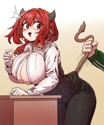  1boy animal_ears bad_id bad_twitter_id black_pants black_vest blush breasts buttons collar cow_ears cow_girl cow_horns cow_tail female gloves hair_tie hand_on_table heemin highres horns huge_breasts long_sleeves medium_hair no_man&#039;s_land open_clothes open_shirt original pants red_eyes red_hair shirt simple_background table tail tail_pull vest white_shirt 