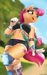  abs anthro athletic athletic_anthro athletic_female athletic_wear bottomwear bra braided_hair breasts chilllum clothing digital_media_(artwork) earth_pony equid equine exercise eyebrows female gym_bottomwear gym_shorts gym_uniform hair happy hasbro hi_res hooves horse inline_skates joyful looking_back mammal mlp_g5 muscular my_little_pony park plant plaster_(disambiguation) pony protective_gear roller_skates shaded shirt shorts sky solo sport sports_bra sunny_starscout_(mlp) tank_top topwear tree underwear uniform workout workout_clothing 