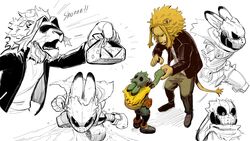  16:9 alternate_species anthro clothed clothing duo felid furrification hi_res izuku_midoriya lagomorph leporid lion lunchbox lupin_fanart male mammal my_hero_academia open_mouth pantherine rabbit superhero toshinori_yagi widescreen 