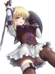  bad_id bad_twitter_id blonde_hair breasts female gloves green_eyes knight_girl long_sleeves looking_at_viewer looking_down medium_breasts mochi.f open_mouth panties pantyshot pyrrha_alexandra shield simple_background skirt solo soulcalibur soulcalibur_v striped_clothes striped_panties swinging sword thighhighs underwear upskirt weapon white_background 