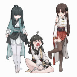  3girls ahoge animal bare_shoulders barefoot bell black_hair breasts brown_eyes brown_hair brown_pantyhose chinese_clothes closed_eyes clothes_pull clothing_cutout commentary crab crying facial_mark forehead_mark grey_background grey_eyes hair_bell hair_intakes hair_ornament hair_ribbon hair_rings jingle_bell long_hair long_sleeves multiple_girls no_shoes obi open_mouth original pain pantyhose pantyhose_pull puffy_long_sleeves puffy_sleeves red_ribbon ribbon sash short_eyebrows shoulder_cutout simple_background sitting small_breasts standing standing_on_one_leg symbol-only_commentary tears thick_eyebrows twintails v-shaped_eyebrows very_long_hair wavy_mouth white_background white_pantyhose white_ph 