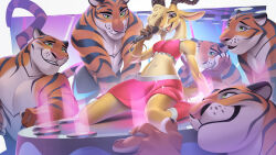  16:9 antelope anthro bottomwear bovid clothed clothing disney electronics felid female gazelle gazelle_(zootopia) green_eyes group hair kyander male mammal microphone midriff muscular muscular_male navel pantherine pants_only red_clothing singing size_difference skirt spotlight stage stage_lights striped_body stripes tiger tiger_dancer_(zootopia) topless topless_male topwear widescreen yellow_body zootopia 