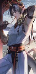  1boy arknights arm_up brown_hair chong_yue_(arknights) cowboy_shot dragon_boy dragon_horns dragon_tail ei_17_ei highres horns long_hair long_tail male_focus mouth_hold outdoors pointy_ears red_eyes sleeveless slit_pupils solo sweat tail tying_hair 