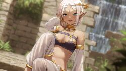  armlet blurry blurry_background blurry_foreground breasts brick_wall cleavage commentary_request dark-skinned_female dark_elf dark_skin depth_of_field detached_sleeves elf fagi_(kakikaki) female hair_ornament heterochromia indie_virtual_youtuber jewelry looking_at_viewer medium_breasts midriff navel open_mouth outdoors pointy_ears ruseko_namiyura sitting smile solo white_hair 