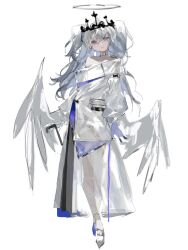  black_tiara blue_dress blue_eyes blue_gloves chinese_commentary commentary_request dress female full_body gloves grey_hair halo head_tilt highres jacket long_hair long_sleeves looking_at_viewer off_shoulder original parted_lips simple_background solo tiara two_side_up vihua6 white_background white_jacket white_wings wings 