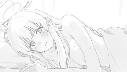  bed_sheet blue_archive blush convenient_arm female greyscale halo highres light_smile long_hair looking_at_viewer lying mikazuchi_zeus monochrome naked_sheet noa_(blue_archive) nude on_side solo sweat under_covers upper_body 