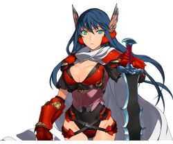  armor blue_hair bracer breasts cape cecil_carna cleavage covered_navel female gauntlets green_eyes holding holding_sword holding_weapon large_breasts looking_at_viewer official_art orion_(orionproject) pauldrons rance_(series) rance_10 red_armor shoulder_armor sword weapon white_cape wing_hair_ornament 