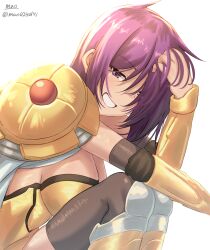  armor artist_name black_thighhighs bracer cape female grin hair_over_one_eye highres looking_at_viewer m.a.o milli_yorks pauldrons purple_eyes purple_hair rance_(series) short_hair shoulder_armor sitting smile solo thighhighs white_cape yellow_armor 