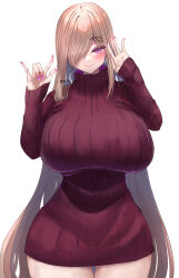  absurdly_long_hair absurdres amemiya_arikapu breasts brown_hair female hair_over_one_eye highres huge_breasts light_brown_hair long_bangs long_hair looking_at_viewer maria_kurumitsuki_(amemiya_arikapu) mole mole_under_eye nail_polish original purple_eyes ribbed_sweater simple_background sweater very_long_hair white_background 