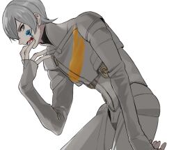  1boy arm_up blood blood_from_mouth blood_on_face digital_devil_saga facial_tattoo grey_eyes grey_hair grey_jacket grey_pants hair_behind_ear hair_between_eyes hand_on_own_face hunched_over jacket konbanha06 long_sleeves male_focus pants parted_lips profile serph simple_background sleeves_past_wrists solo tattoo white_background 