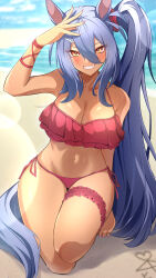  absurdres alternate_costume animal_ears armpits arms_up barefoot beach bikini blue_sky blurry blurry_background breasts choker cleavage commentary_request dark-skinned_female dark_skin ear_ornament eve_on_k female frilled_bikini frills grin hair_between_eyes hair_ornament hairclip hand_on_own_head highres hishi_amazon_(umamusume) horse_ears horse_girl horse_tail large_breasts lens_flare navel ocean oerba_yun_fang outdoors red_bikini red_choker red_eyes sand simple_background sky smile solo swimsuit tail thigh_strap umamusume v-shaped_eyebrows water 