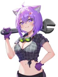  :3 ahoge alternate_costume animal_ear_fluff animal_ears breasts cat_ears cat_girl cat_tail cleavage commentary_request female gloves grey_shirt hand_on_own_hip highres holding holding_wrench hololive large_breasts midriff navel nekomata_okayu purple_eyes purple_gloves purple_hair shirt simple_background smug solo tail tied_shirt torakichi_888 variant_set virtual_youtuber white_background wrench 