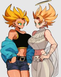  2girls alternate_costume belt blue_eyes breasts casual commentary dragon_ball dragon_ball_super dragon_ball_z genderswap_(mtf) gogeta halo multiple_girls nanika_(nnkgh) pants rule_63 short_hair shorts simple_background single_bang spiked_hair super_saiyan super_saiyan_1 symbol-only_commentary white_pants 