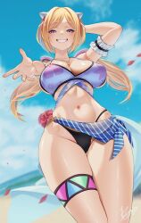  aki_rosenthal arm_behind_head beach bikini black_bikini blonde_hair blue_sky blurry blurry_background breasts commentary_request detached_hair female grin hakua_(hka_art) headgear heart heart_necklace highleg highleg_bikini highres hololive jewelry large_breasts long_hair looking_at_viewer low_twintails mismatched_bikini navel necklace ocean outdoors parted_bangs purple_bikini purple_eyes reaching reaching_towards_viewer sarong signature sky smile solo swimsuit twintails virtual_youtuber 