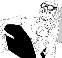  absurdres bb_(baalbuddy) black_pants breasts elbow_gloves female flcl gloves goggles goggles_on_head greyscale haruhara_haruko highres looking_at_viewer monochrome pants smile smug solo white_background white_gloves 