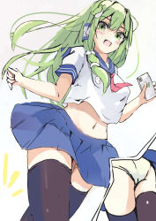  alternate_costume ass black_thighhighs blue_sailor_collar blue_skirt cellphone check_commentary commentary commentary_request cowboy_shot crop_top cropped_shirt female frog_hair_ornament green_eyes green_hair grey_background grey_panties hair_between_eyes hair_ornament highres holding holding_phone kochiya_sanae long_hair looking_at_viewer midriff mikan923 miniskirt multiple_views navel neckerchief notice_lines open_mouth panties phone pink_neckerchief pleated_skirt sailor_collar school_uniform serafuku shirt short_sleeves simple_background single_hair_tube skirt smartphone smile snake_hair_ornament standing thighhighs touhou underwear unfinished white_shirt zettai_ryouiki 