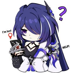  ? acheron_(honkai:_star_rail) cellphone chibi coat eiji_nochi female hair_ornament halterneck highres holding holding_phone honkai:_star_rail honkai_(series) long_hair parted_lips phone purple_eyes purple_hair single_bare_shoulder single_sleeve smartphone solo upper_body very_long_hair white_coat 