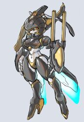  arm_blade arm_cannon armor black_armor black_cruz black_helmet breasts female full_body grey_background helmet highres humanoid_robot low_wings mechanical_wings medarot medarot_s medium_breasts mota_saru robot robot_girl simple_background solo weapon wings 