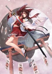  bare_shoulders bow breasts brown_eyes brown_hair detached_sleeves female full_body greenkohgen hair_tubes hairbow hakurei_reimu highres holding holding_sword holding_weapon katana long_hair midriff ofuda red_bow red_shirt red_skirt sandals sheath shirt skirt sleeveless sleeveless_shirt small_breasts socks solo sword torii touhou unsheathing weapon white_socks wide_sleeves wrist_cuffs 