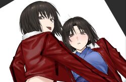  2girls arms_at_sides black_eyes black_hair blue_kimono blush commentary_request dual_persona dutch_angle egomeshi highres jacket jacket_over_kimono japanese_clothes kara_no_kyoukai kimono looking_at_viewer looking_back lying multiple_girls obi on_back open_mouth red_jacket ryougi_shiki sash short_hair sweatdrop tongue tongue_out 