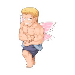  1boy bara barefoot black_eyes black_shorts blonde_hair chibi chibi_only fairy_wings flexing full_body grin looking_at_viewer male_focus muscular muscular_male no_eyebrows official_art pointy_ears ragnarok_online short_hair shorts simple_background skeletal_muscle_(ragnarok_online) smile solo topless_male transparent_background wings yuichirou 