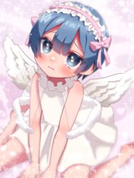  1boy alternate_costume angel angel_wings bare_shoulders blue_eyes blue_hair blurry blurry_background blurry_foreground blush closed_mouth commentary dress feathered_wings hair_between_eyes heart highres lolita_fashion made_in_abyss male_focus maruruk otoko_no_ko pink_ribbon ribbon short_hair sitting solo sparkle symbol-only_commentary tsuzuri_(tsuzuri_tnpp) wariza white_dress white_wings wings yellow_pupils 