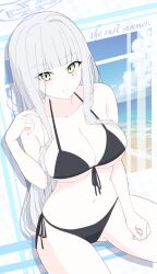  absurdres beach bikini black_bikini blush breasts cleavage cloud cross_hair_ornament day facial_mark female front-tie_bikini_top front-tie_top girls&#039;_frontline green_eyes grey_hair hair_ornament halo halterneck highres hk416_(girls&#039;_frontline) large_breasts long_hair looking_at_viewer navel ocean side-tie_bikini_bottom sitting solo swimsuit uchikata_takeaki 