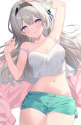  alternate_costume bare_shoulders blush breasts camisole cleavage crop_top crop_top_overhang dolphin_shorts female firefly_(honkai:_star_rail) green_shorts grey_hair hair_ornament hairband highres hitsukuya honkai:_star_rail honkai_(series) long_hair looking_at_viewer medium_breasts midriff navel parted_lips pillow purple_eyes shorts simple_background solo thighs white_background white_camisole 