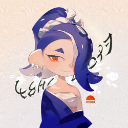  alternate_costume bandeau blue_hair blue_kimono breasts closed_mouth commentary_request earrings female hadanugi_dousa hair_over_one_eye hair_tie japanese_clothes jewelry kimono looking_to_the_side multiple_earrings octoling one_eye_covered red_eyes shiver_(splatoon) short_hair small_breasts smile solo splatoon_(series) splatoon_3 suction_cups tentacle_hair tooth_earrings towo_nita upper_body white_bandeau 