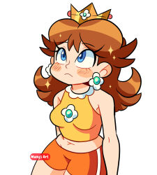  blue_eyes brown_hair crop_top crown earrings female flower_earrings highres jewelry long_hair manysart1 mario_(series) midriff navel orange_shorts princess_daisy shirt shorts simple_background sleeveless sleeveless_shirt tennis_daisy white_background yellow_shirt 