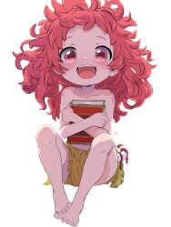  :d absurdres bare_shoulders barefoot blush book breasts collarbone feet female full_body highres holding holding_book knees_up long_hair looking_at_viewer made_in_abyss mitty_(human)_(made_in_abyss) mitty_(made_in_abyss) navel open_mouth red_eyes red_hair sekaineko_001 shorts sitting smile solo topless wavy_hair white_background 