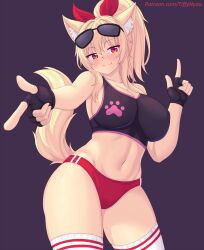  animal_ear_fluff animal_ears black_gloves blonde_hair breasts buruma cat_ears cat_girl cat_tail eyewear_on_head female finger_gun fingerless_gloves gloves high_ponytail highres impossible_clothes large_breasts long_hair looking_at_viewer nottytiffy original patreon_username print_sports_bra purple_background red_buruma red_eyes slit_pupils solo sunglasses tail thighhighs tiffy_(nottytiffy) 