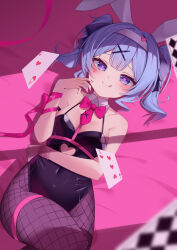  :q absurdres ace_(playing_card) ace_of_hearts animal_ears bare_arms bare_shoulders bed_sheet black_leotard black_ribbon blue_eyes blue_hair blurry blush bow bowtie card clothing_cutout collarbone commentary covered_navel crossed_legs dutch_angle fake_animal_ears female fishnet_pantyhose fishnets hair_ornament hair_ribbon hairband hairpin hand_on_own_stomach hand_up hatsune_miku heart heart-shaped_pupils heart_cutout heart_hair_ornament highleg highleg_leotard highres leotard licking_lips looking_at_viewer lying necktie on_back pantyhose pink_bow pink_bowtie pink_nails pink_necktie pink_ribbon playboy_bunny playing_card rabbit_ears rabbit_hole_(vocaloid) ribbon ryaru_ryaru short_necktie short_twintails smile solo stomach_cutout symbol-shaped_pupils teardrop_facial_mark thigh_strap tie_clip tongue tongue_out twintails vocaloid wavy_sidelocks white_hairband wrist_ribbon 