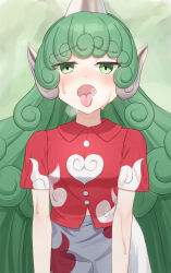  absurdres adversarial_noise beckody blush breath buttons collared_shirt commentary_request cowboy_shot eyes_visible_through_hair female green_hair grey_horns heart highres horns hot komano_aunn long_hair open_mouth red_shirt shirt short_sleeves single_horn solo sweat tongue tongue_out touhou very_long_hair 