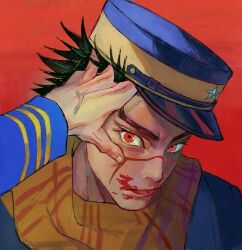  2boys absurdres black_hair blood blood_on_face blue_coat coat commentary_request golden_kamuy hand_on_another&#039;s_face hat highres long_sleeves looking_at_another male_focus multiple_boys myqqroom ogata_hyakunosuke out_of_frame outstretched_arm red_background red_eyes scar scar_on_face scarf short_hair simple_background solo_focus spiked_hair star_(sky) staring sugimoto_saichi thick_eyebrows upper_body veins veiny_hands yellow_scarf 