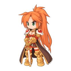  armor armored_boots boots bra breasts chibi chibi_only cleavage closed_mouth elbow_gloves female full_body garter_straps gloves gold_armor green_eyes high_ponytail instructor_boya long_hair looking_afar medium_breasts miniskirt official_art orange_hair ragnarok_online red_bra red_eyes red_skirt simple_background skirt solo standing transparent_background underwear v-shaped_eyebrows very_long_hair yuichirou 