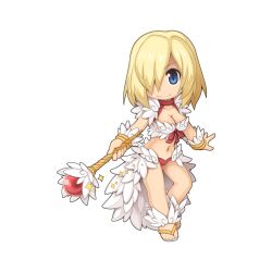  bikini blonde_hair blue_eyes bracer breasts chibi chibi_only cleavage closed_mouth feather_trim female full_body hair_between_eyes hair_over_one_eye holding holding_staff ireiso long_bangs looking_at_viewer medium_breasts mismatched_bikini navel official_art ragnarok_online red_bikini sandals short_hair simple_background smile solo staff swimsuit transparent_background v-shaped_eyebrows wanderer_(ragnarok_online) white_bikini white_footwear yuichirou 