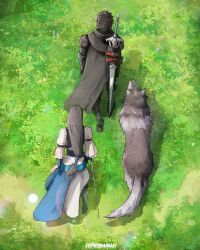  1boy absurdres black_cape black_hair canine cape clive_rosfield female final_fantasy final_fantasy_xvi from_above grass grey_hair highres jill_warrick long_hair long_skirt low-tied_long_hair skirt stephengiannart sword torgal_(ff16) walking weapon weapon_on_back 