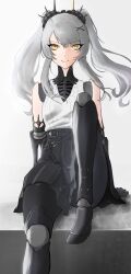  belleberine black_headdress black_skirt female grey_hair hair_ornament high-waist_skirt highres joints karenina:_scire_(maleficent)_(punishing:_gray_raven) karenina_(punishing:_gray_raven) long_hair looking_at_viewer mechabare mechanical_arms mechanical_legs orange_eyes punishing:_gray_raven robot_joints shirt sidelocks skirt sleeveless sleeveless_shirt solo swept_bangs twintails white_shirt x_hair_ornament yellow_eyes 